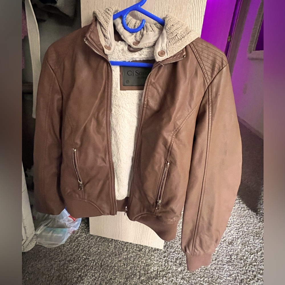 Faux fur lined bomber “leather” jacket